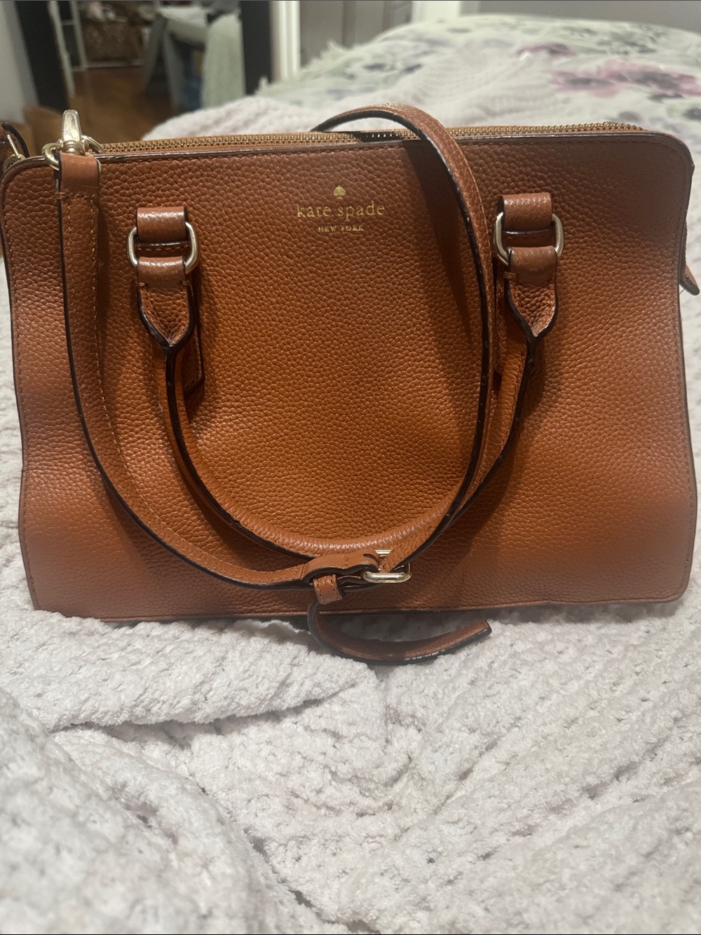 kate spade Tan/Brown Pebbled Leather Satchel with Gold Hardware